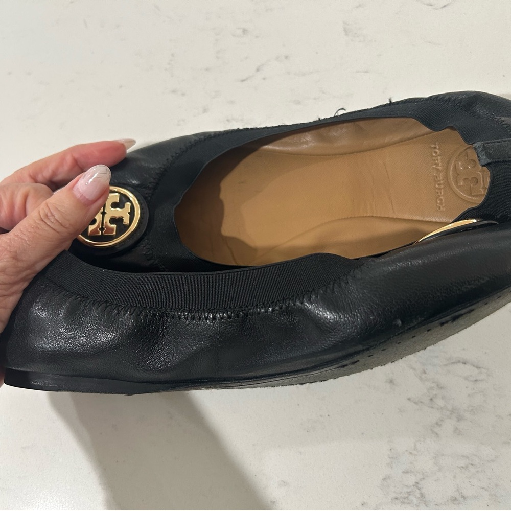 Tory Burch Black Leather Ballet Flats with Gold Logo Medallion - Picture 6 of 12